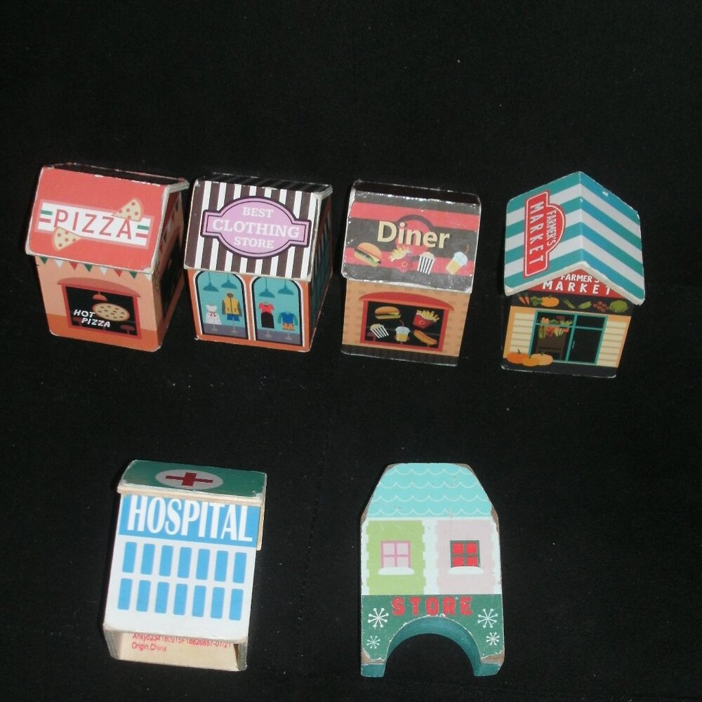 Learn & Play Ankyo 6 Wooden Buildings Store Hospital Diner Pizza Farmers Market